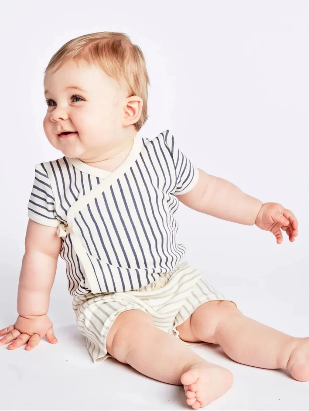 Pehr Organic Cotton Navy Stripe Wrap-Front Baby Onesie 3-6 Months